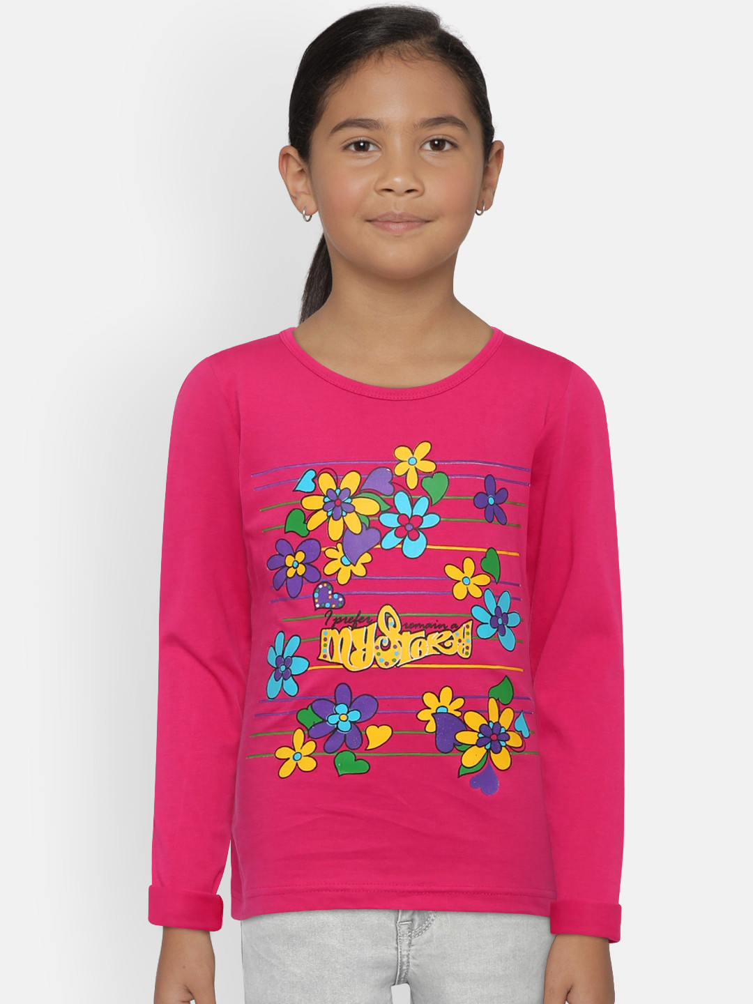 SINI MINI Girls Magenta Printed Round Neck Pure Cotton T-shirt