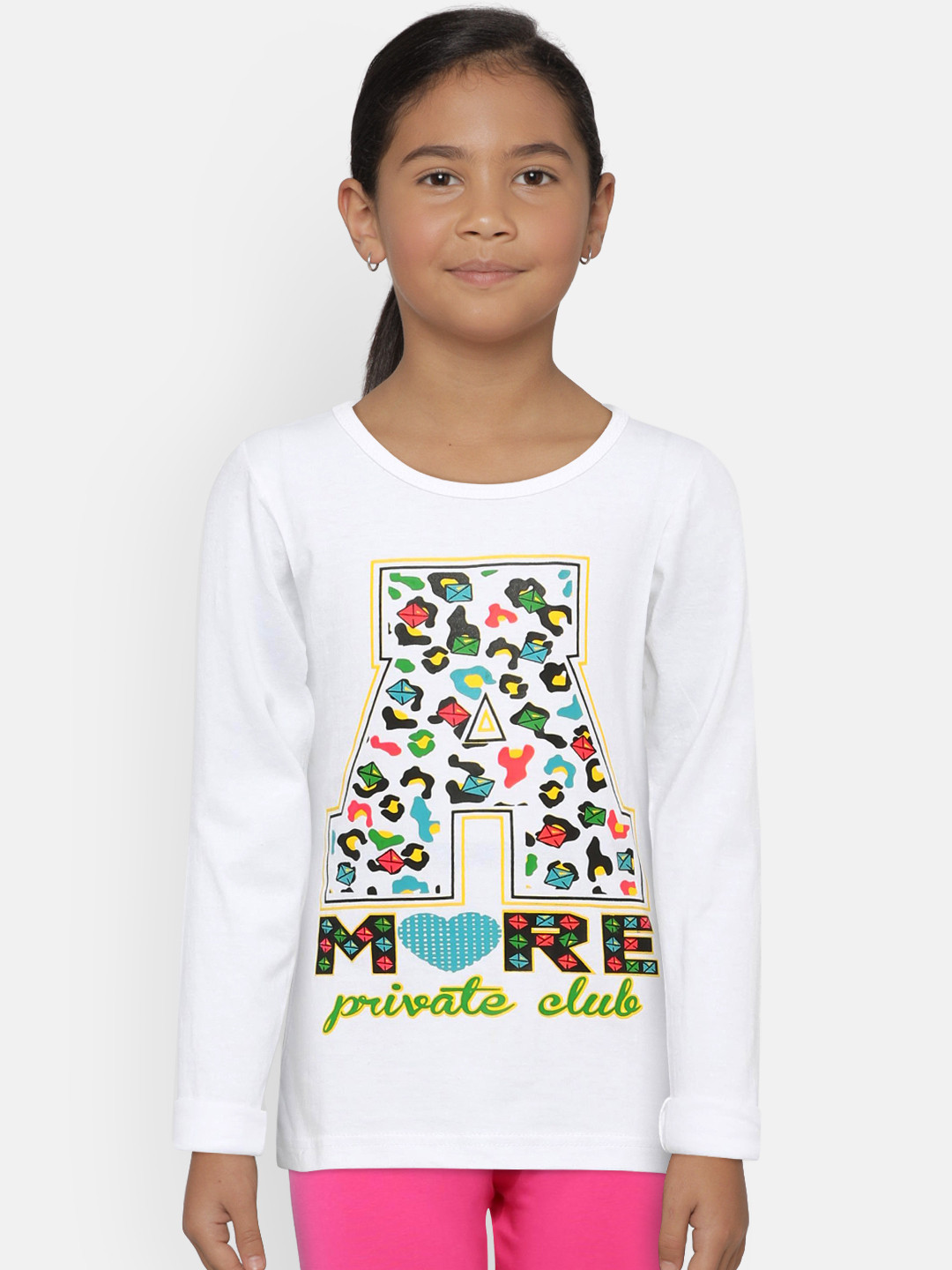 SINI MINI Girls White Printed Round Neck T-shirt