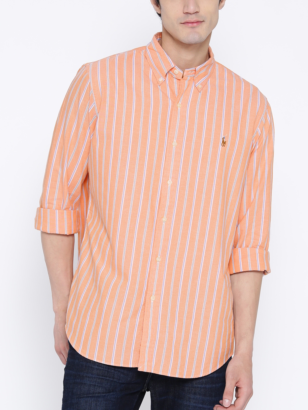 Buy Polo Ralph Lauren Men Coral Orange & Blue Custom Fit Striped Casual  Shirt - Shirts for Men 10351109 | Myntra