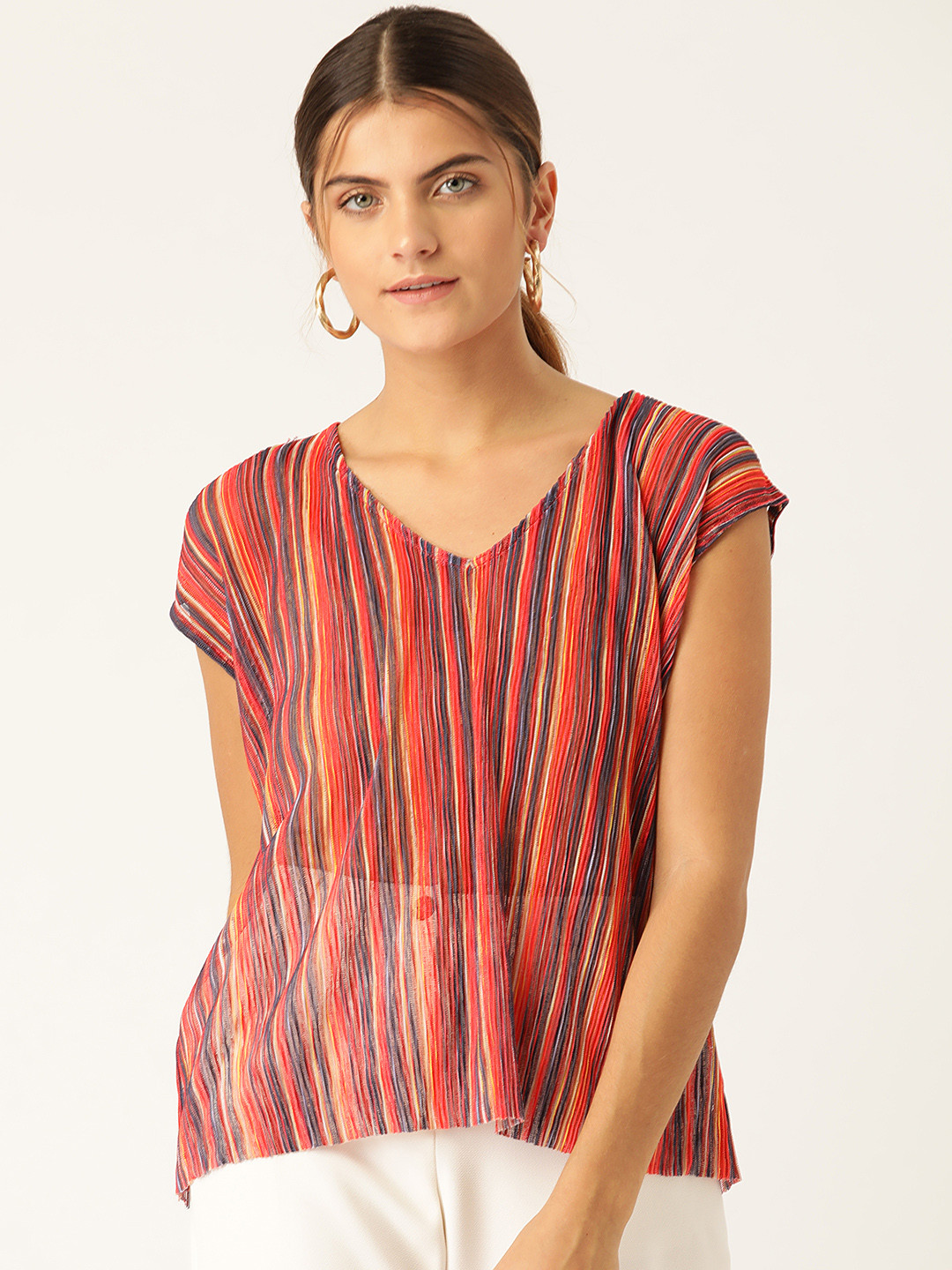MANGO Women Coral Orange & Navy Blue Striped & Pleated Semi-Sheer Top