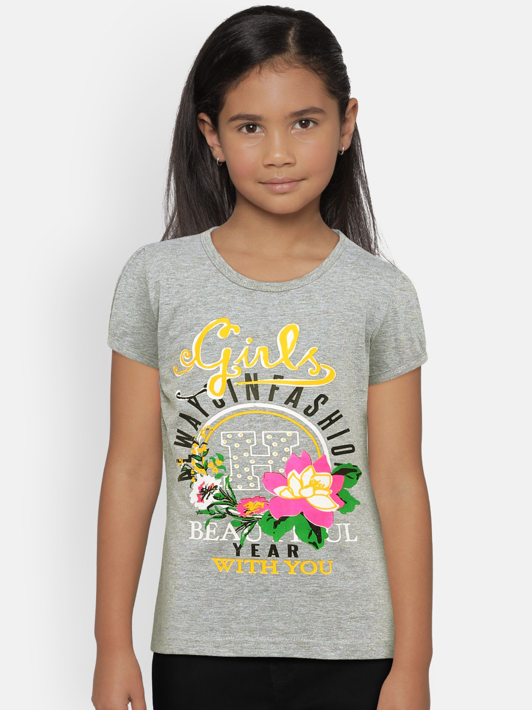 SINI MINI Girls Grey Melange Printed Round Neck T-shirt