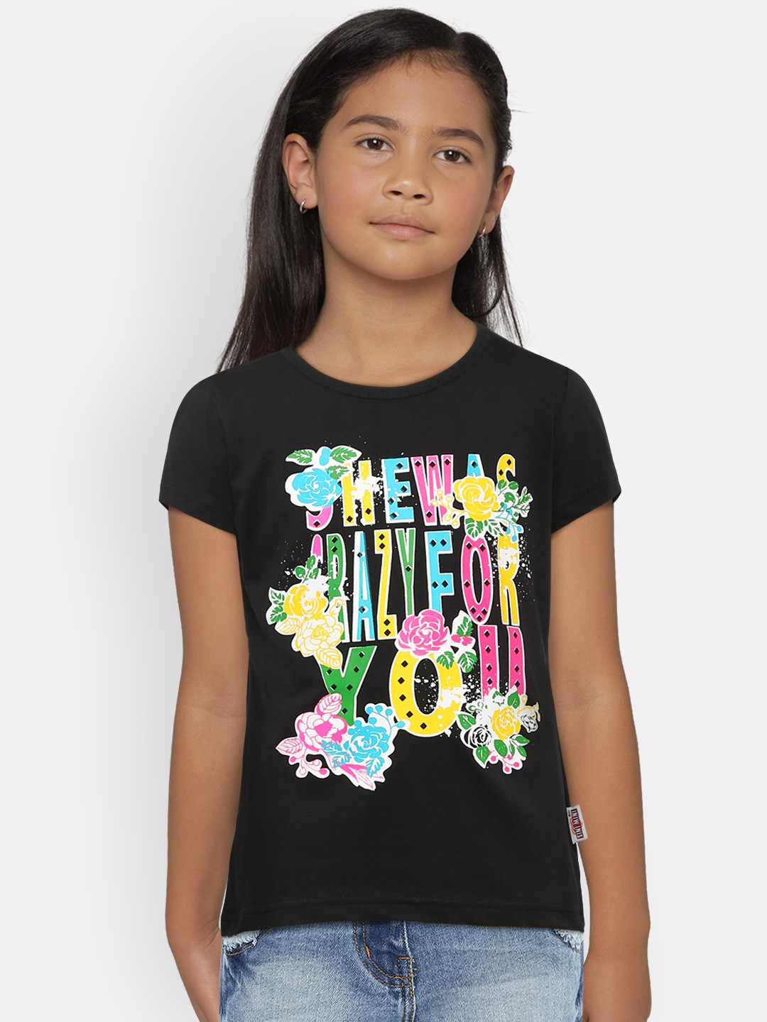 SINI MINI Girls Black Printed Round Neck Pure Cotton T-shirt