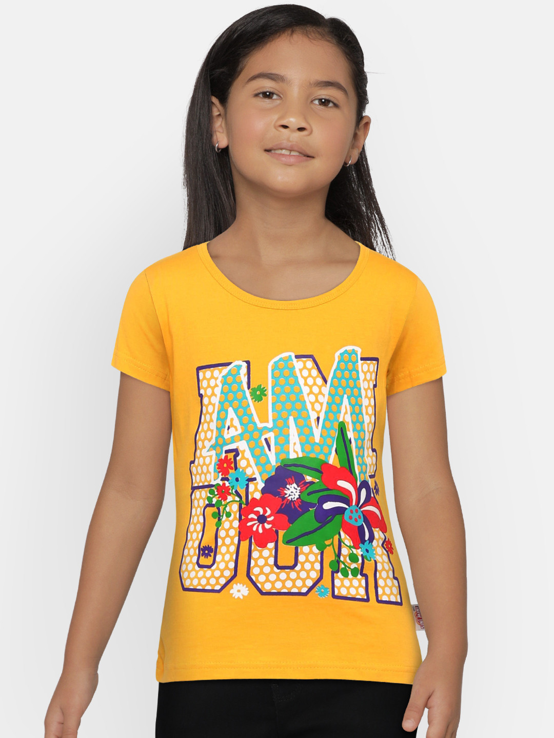 SINI MINI Girls Yellow Printed Round Neck T-shirt