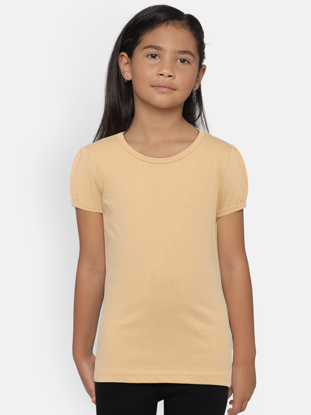 SINI MINI Girls Beige Solid Round Neck T-shirt