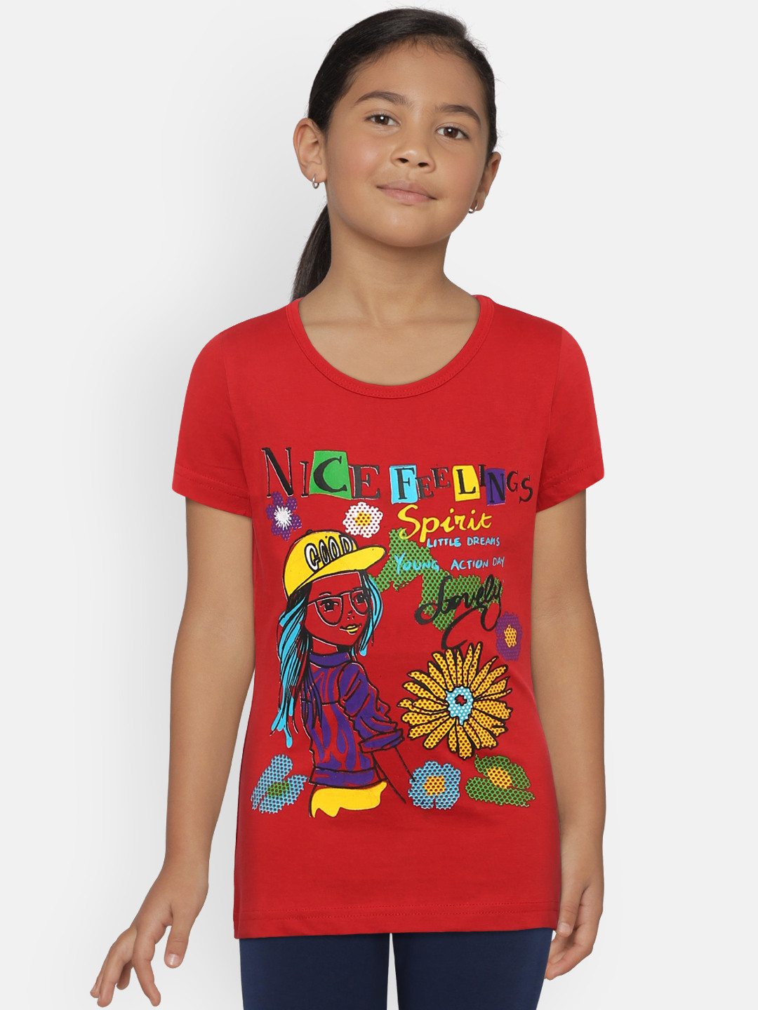 SINI MINI Girls Red Printed Round Neck T-shirt