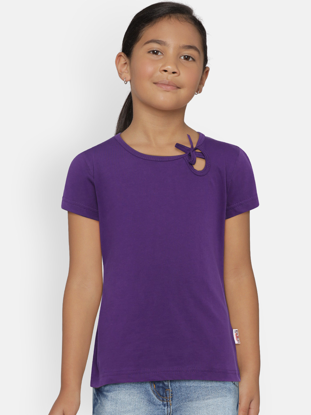 SINI MINI Girls Purple Solid Round Neck Pure Cotton T-shirt