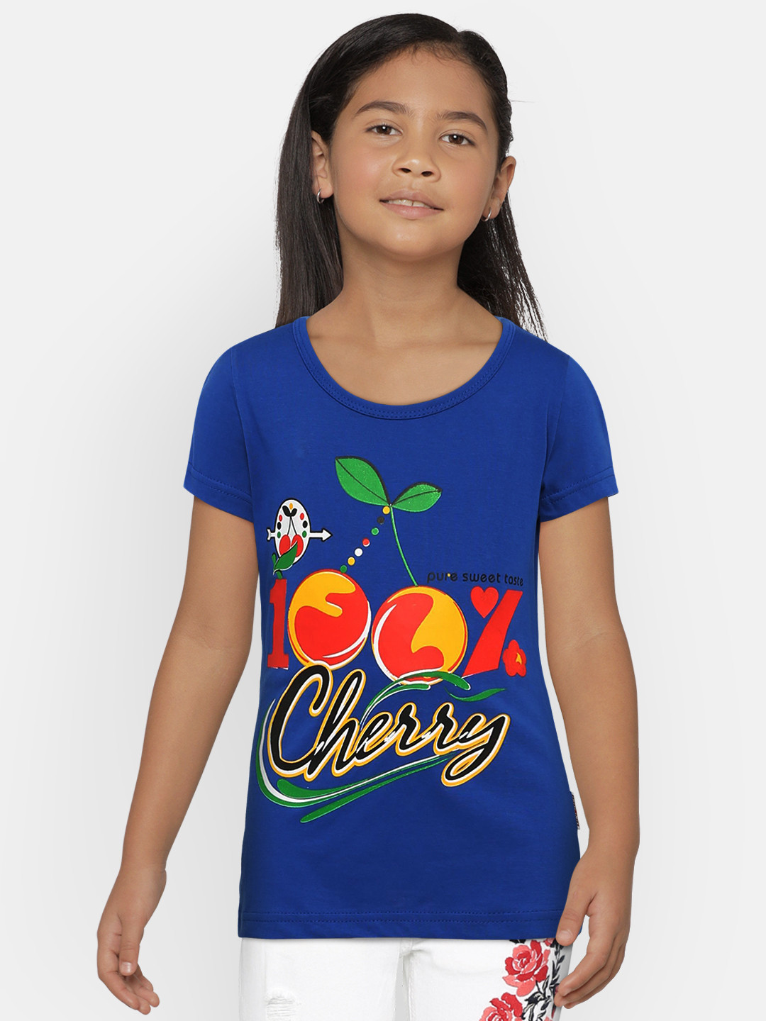 SINI MINI Girls Blue Printed Round Neck T-shirt