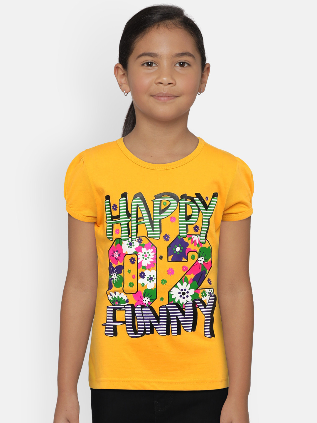 SINI MINI Girls Yellow Printed Round Neck T-shirt