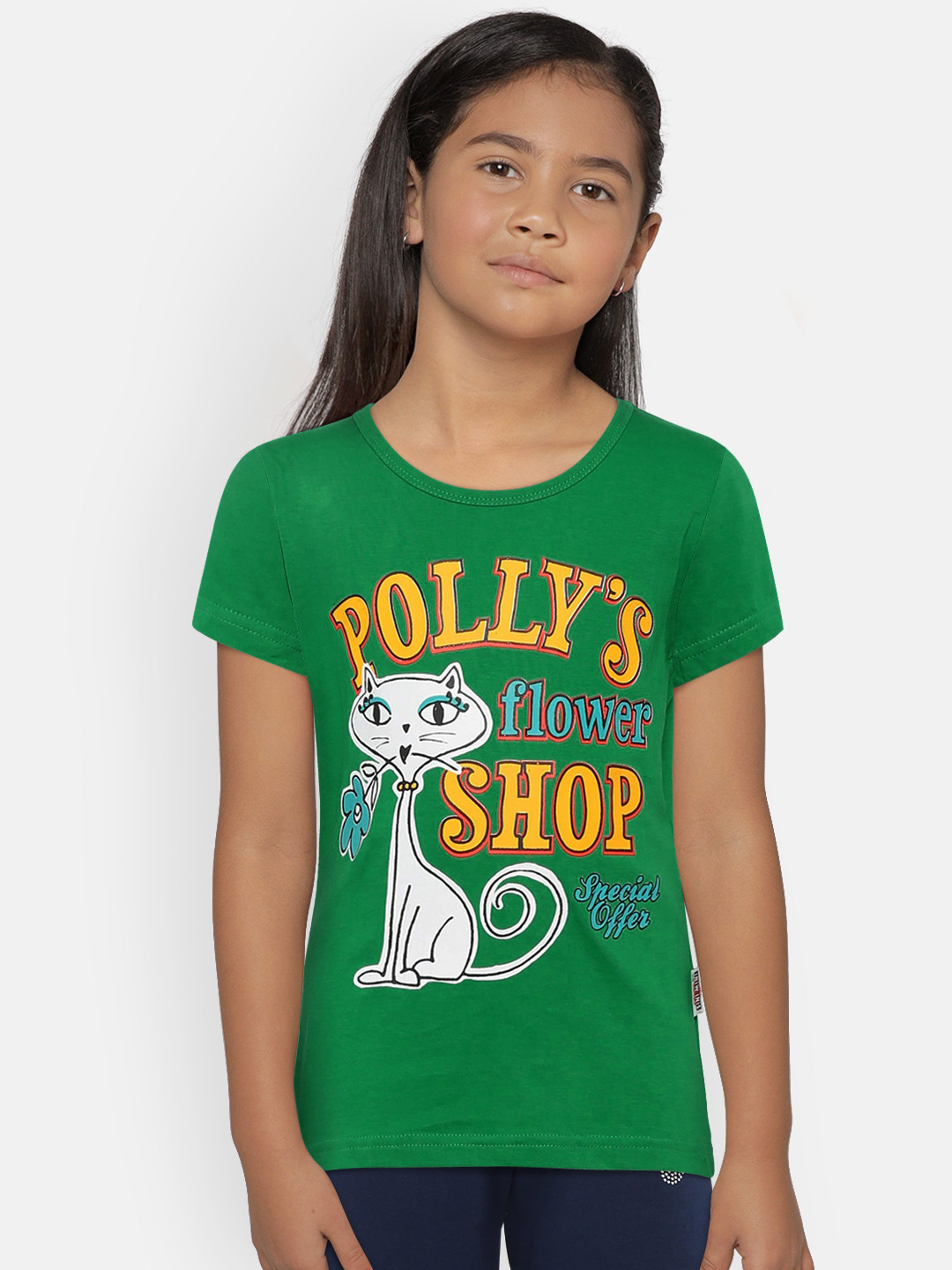 SINI MINI Girls Green Printed Round Neck T-shirt