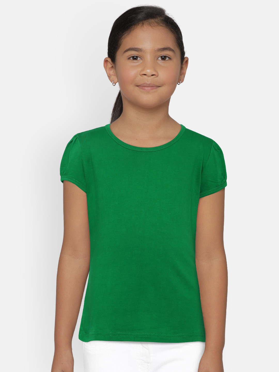 SINI MINI Girls Green Solid Round Neck T-shirt