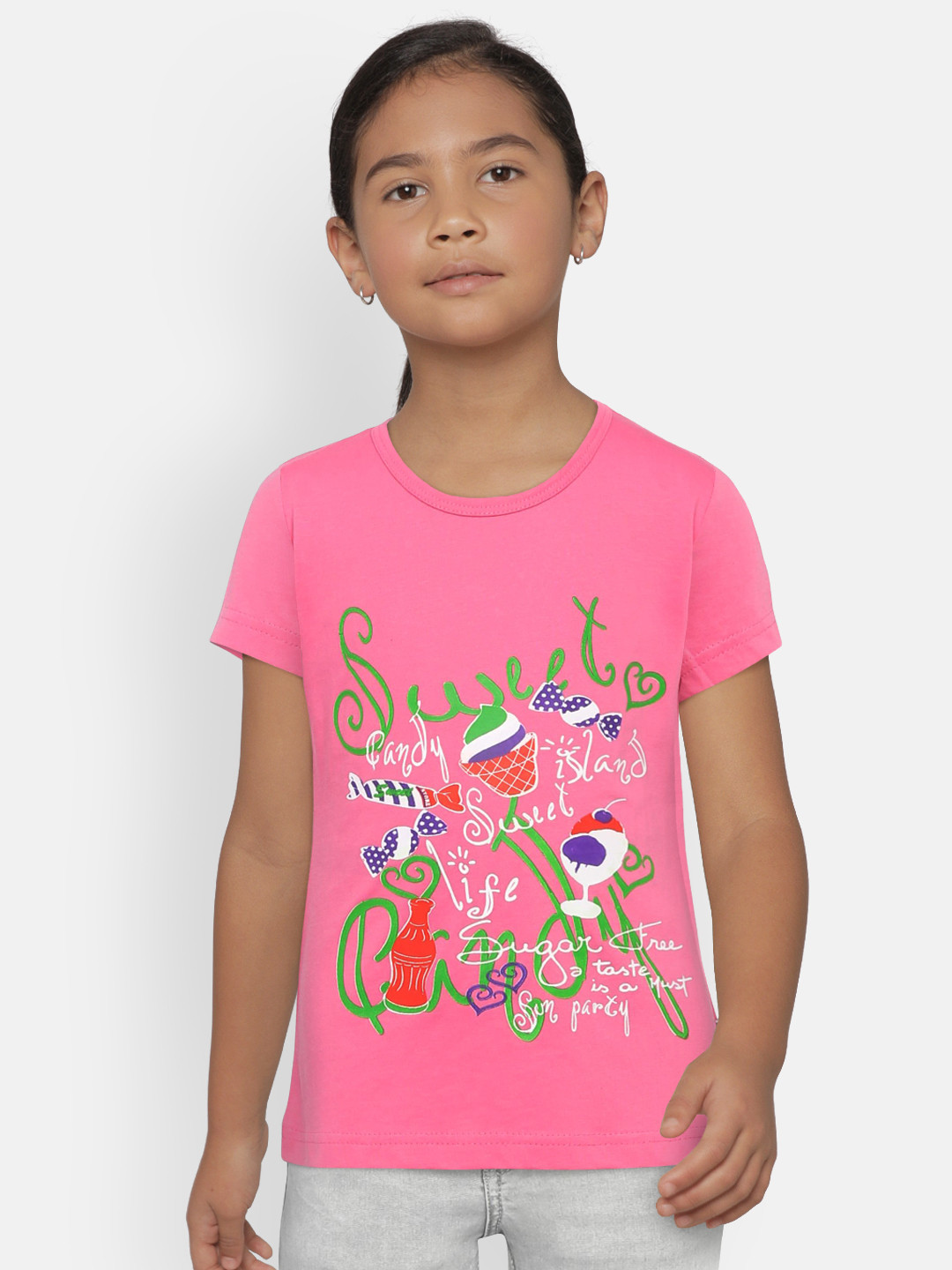 SINI MINI Girls Pink Printed Round Neck T-shirt