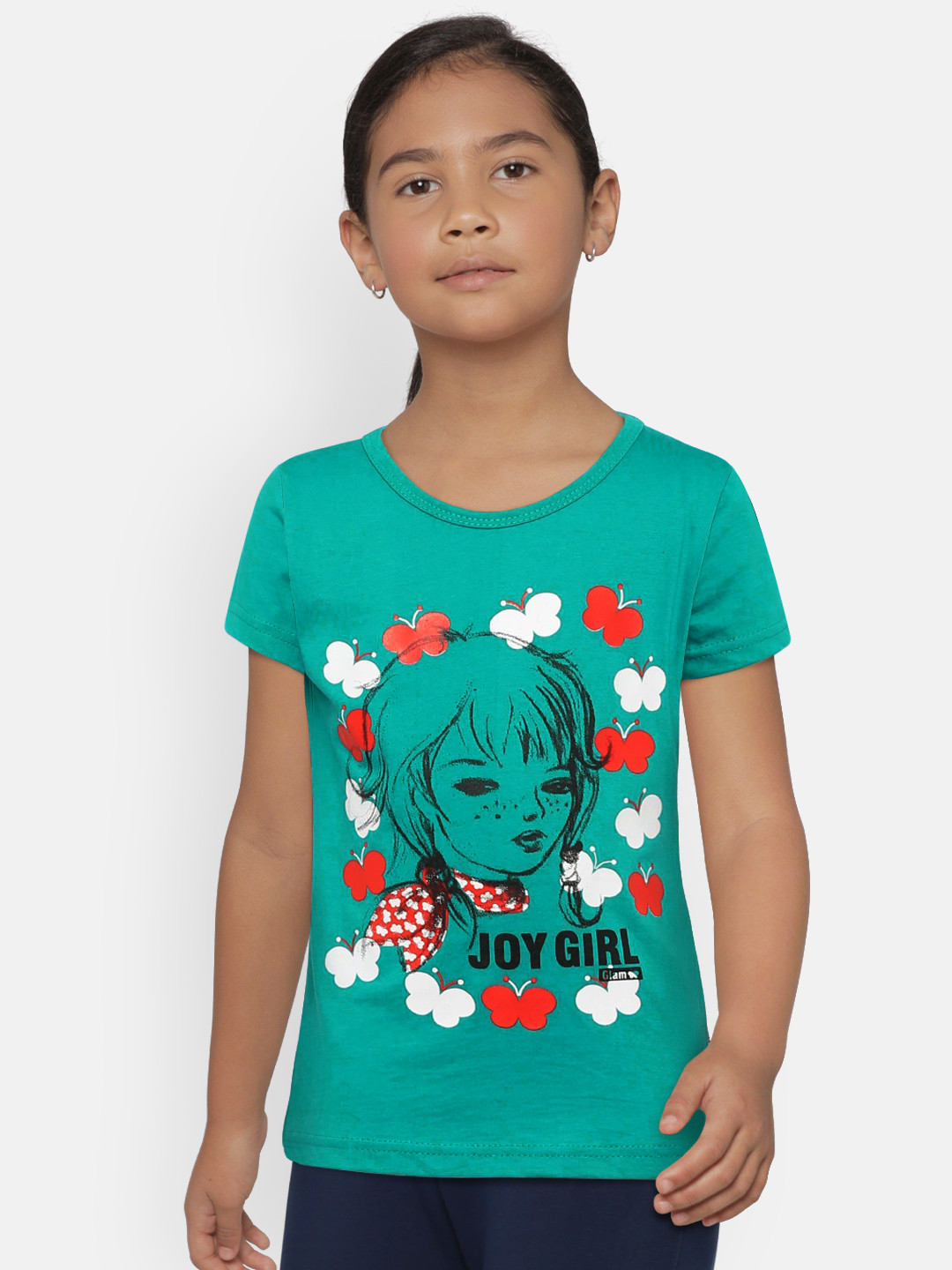 SINI MINI Girls Turquoise Blue Printed Round Neck T-shirt