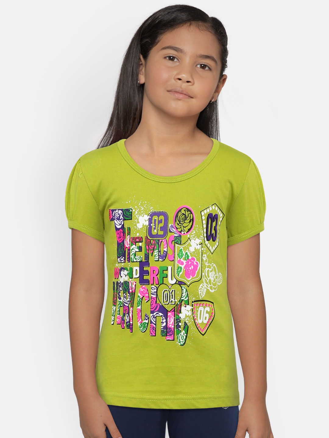 SINI MINI Girls Lime Green Printed Round Neck T-shirt