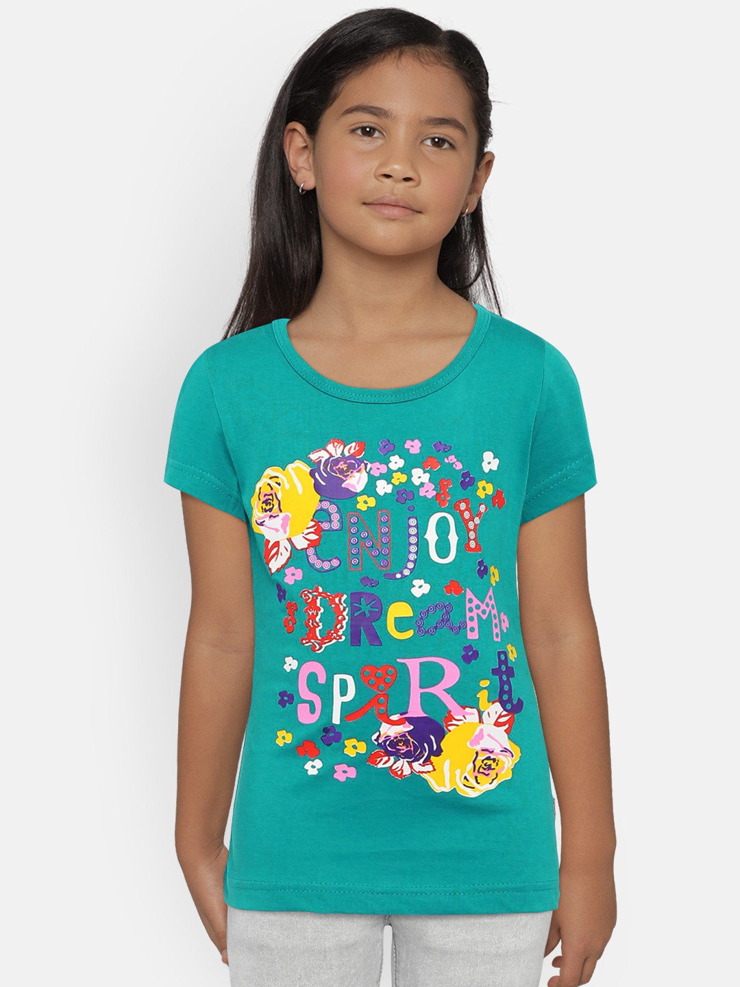 SINI MINI Girls Turquoise Blue Printed Round Neck T-shirt
