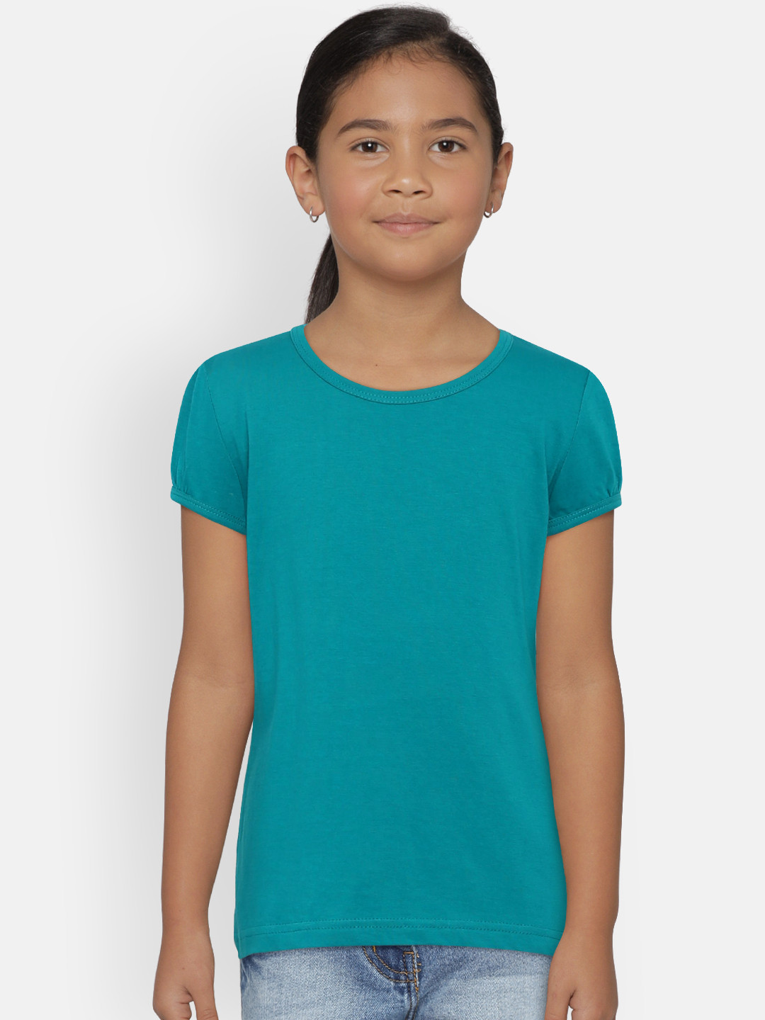 SINI MINI Girls Sea Green Solid Round Neck T-shirt