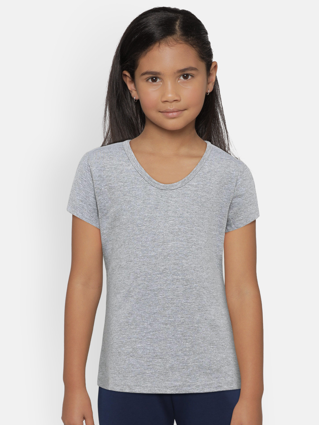 SINI MINI Girls Grey Melange Solid Round Neck Pure Cotton T-shirt