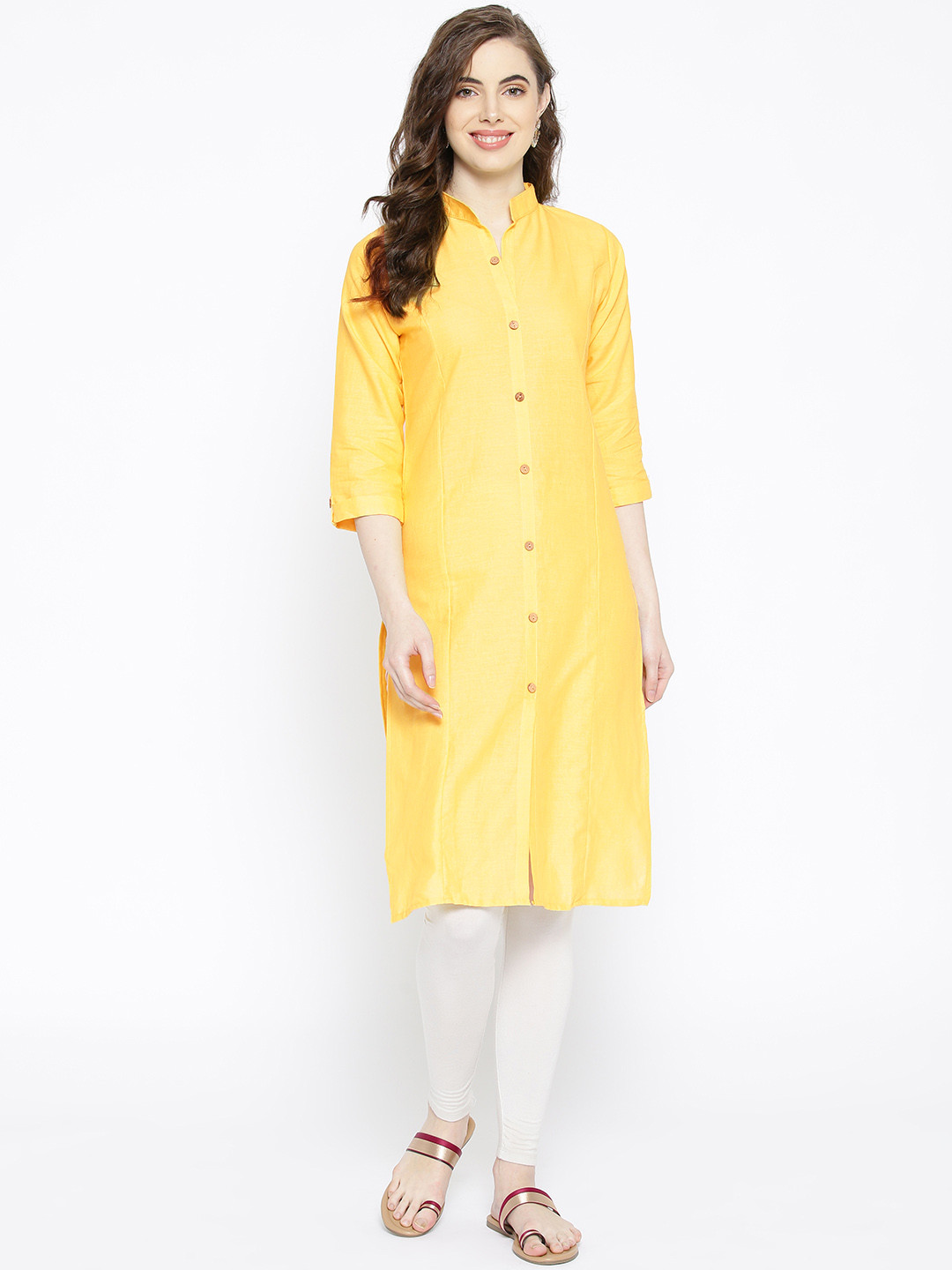 Vastraa Fusion Women Yellow Solid Straight Kurta
