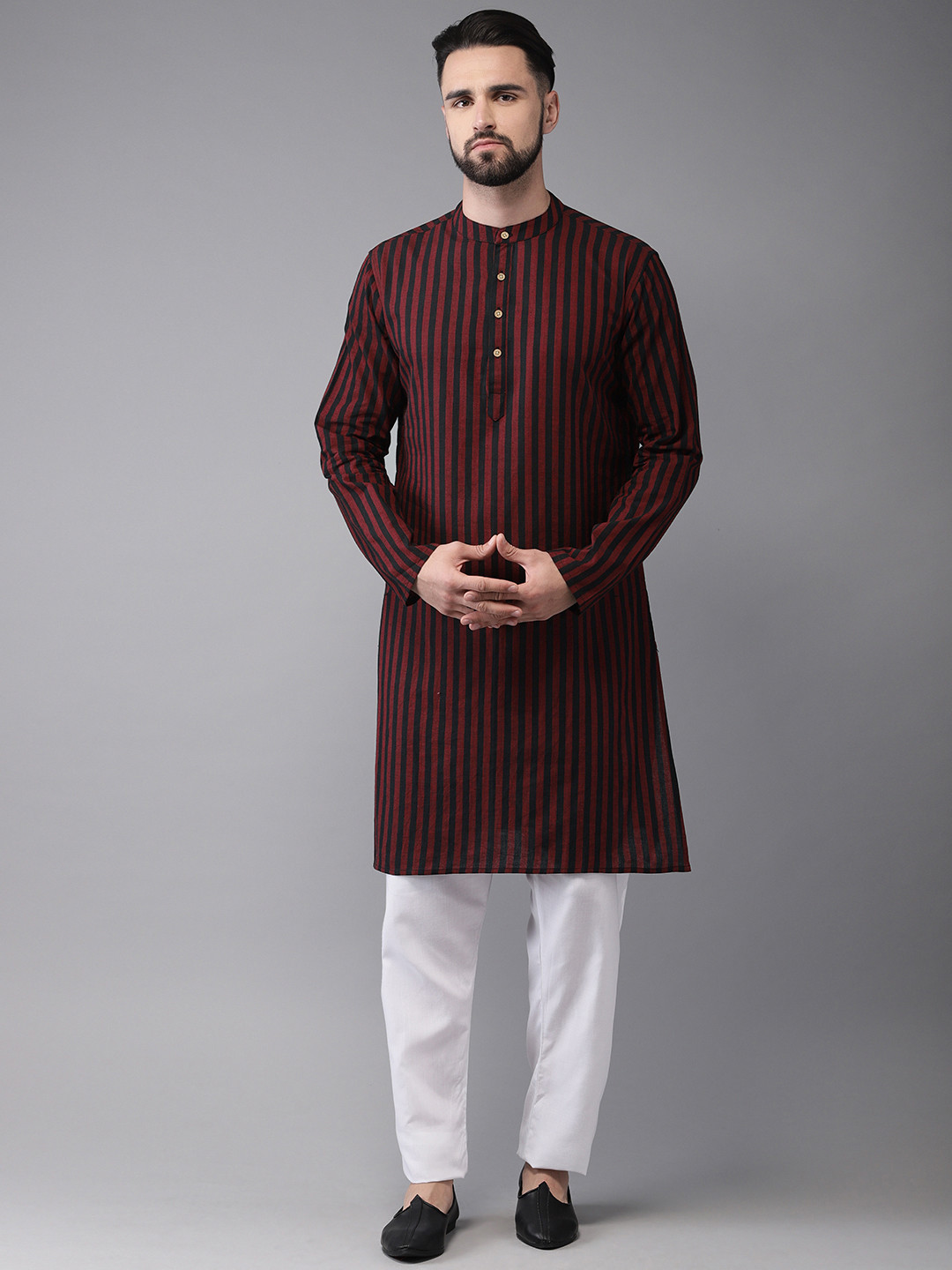 Anouk Men Maroon & Black Striped Straight Kurta