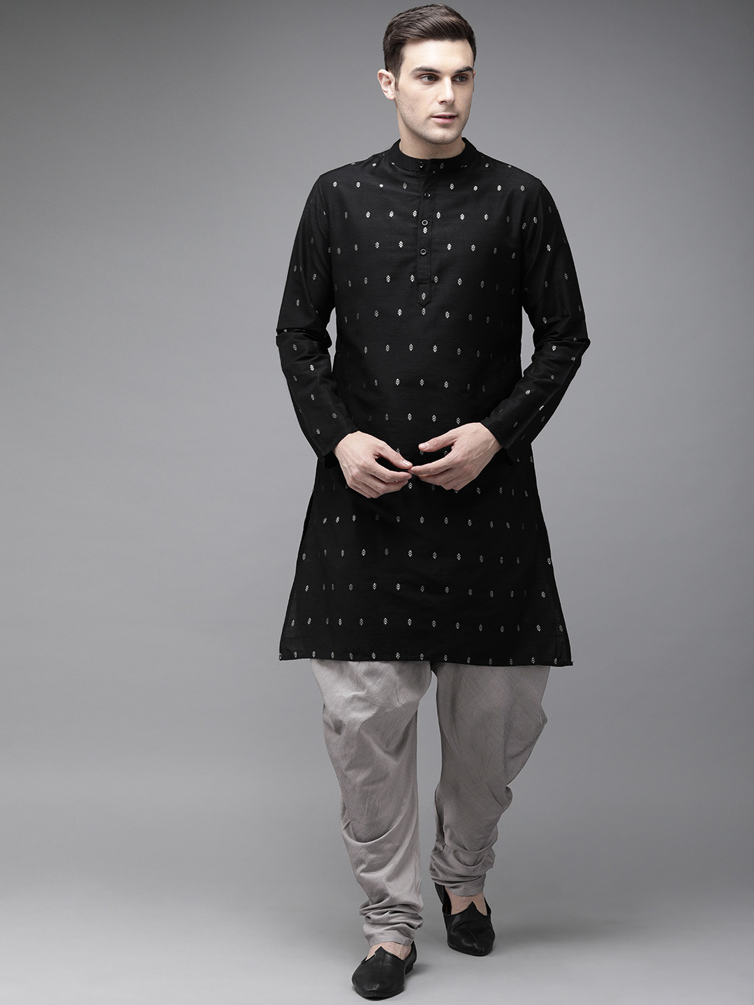 Anouk Men Black & Charcoal Grey Woven Design Kurta with Churidar