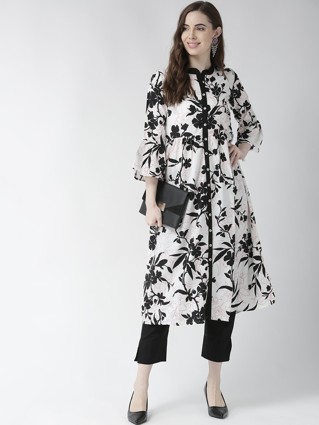 RANGMAYEE Women White & Black Printed Kurta with Trousers