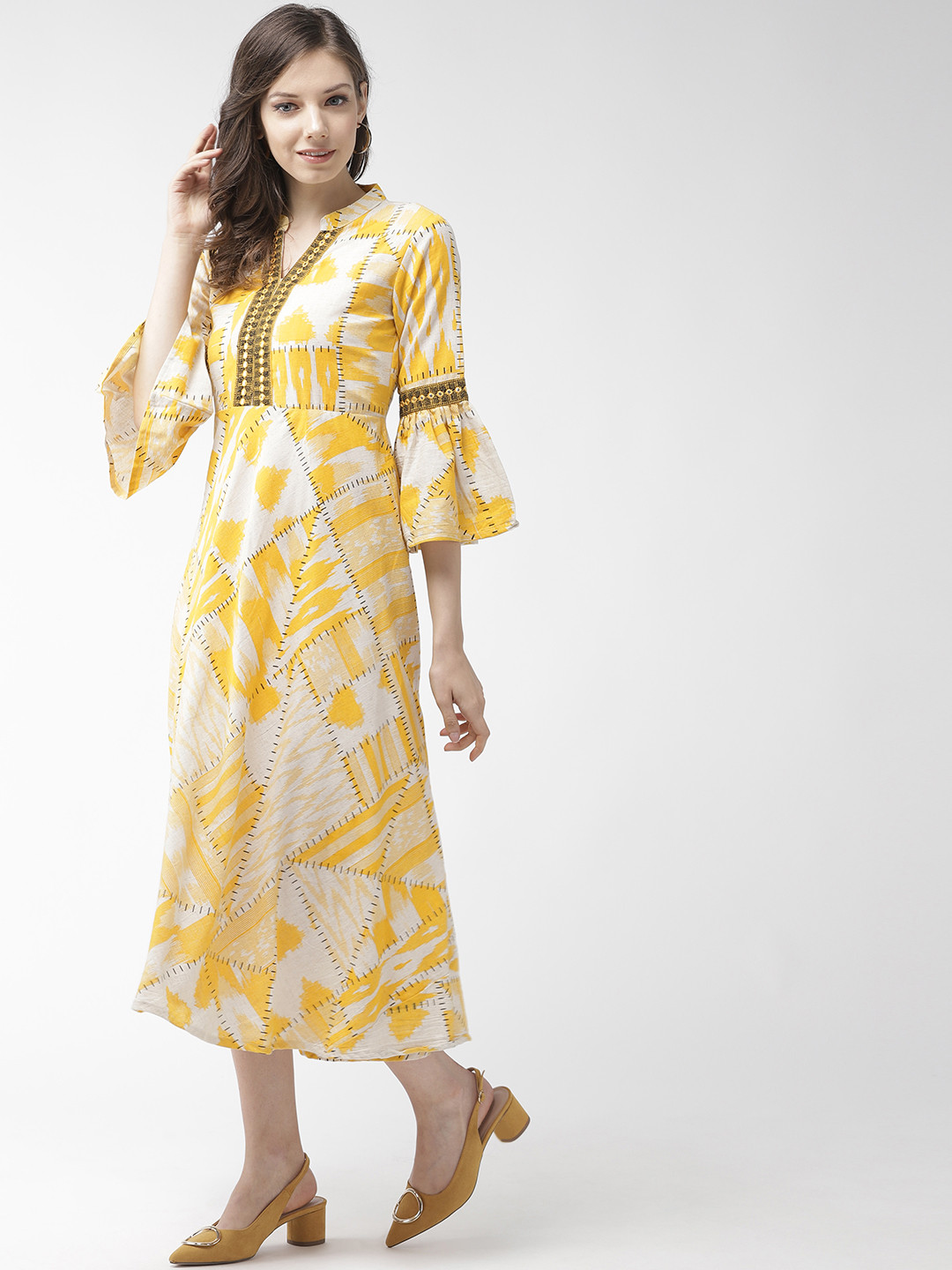 RANGMAYEE Women Yellow & Off-White Printed A-Line Dress
