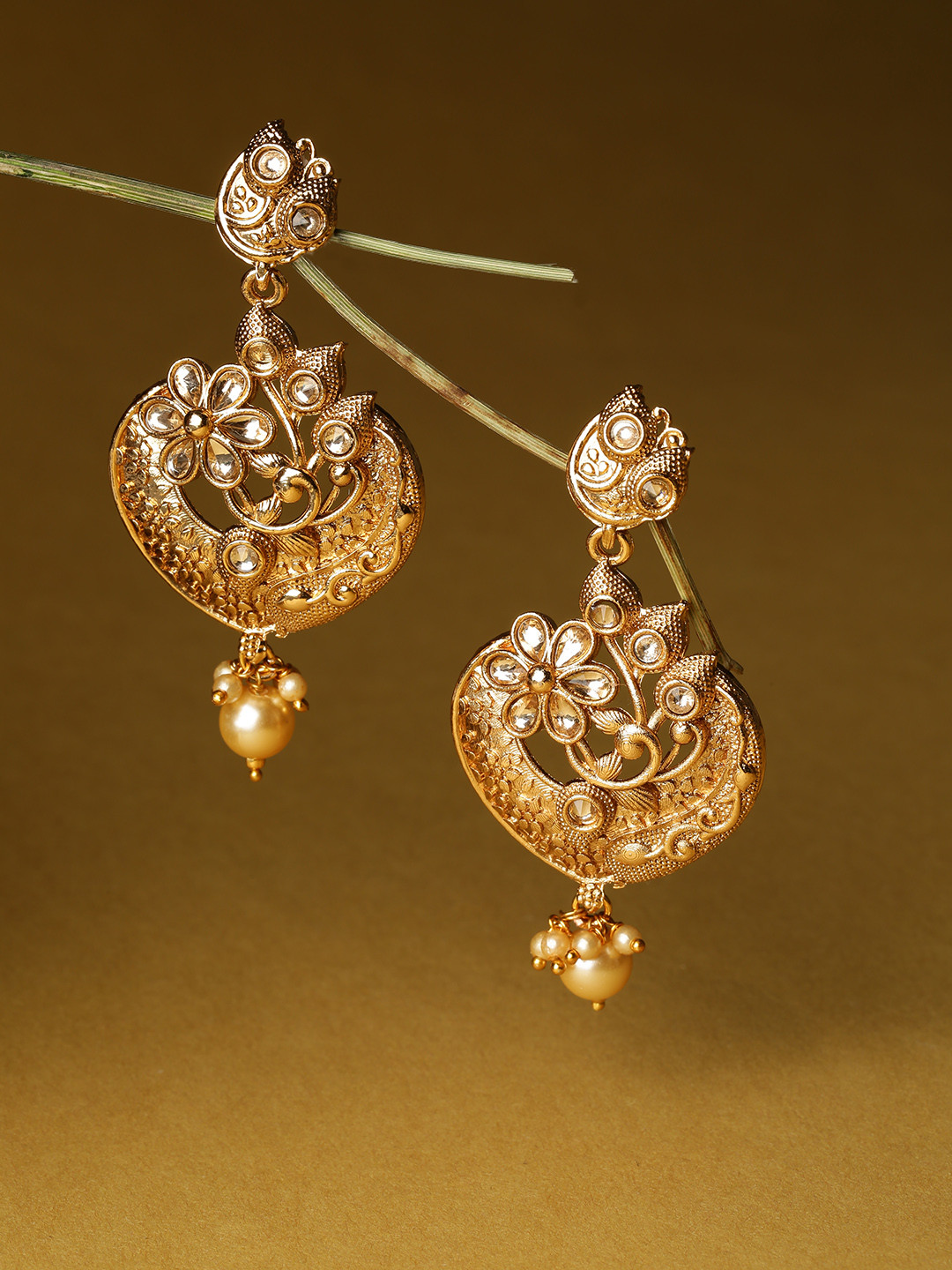 Jewels Galaxy Gold-Plated Stone-Studded & Beaded Classic Drop Earrings