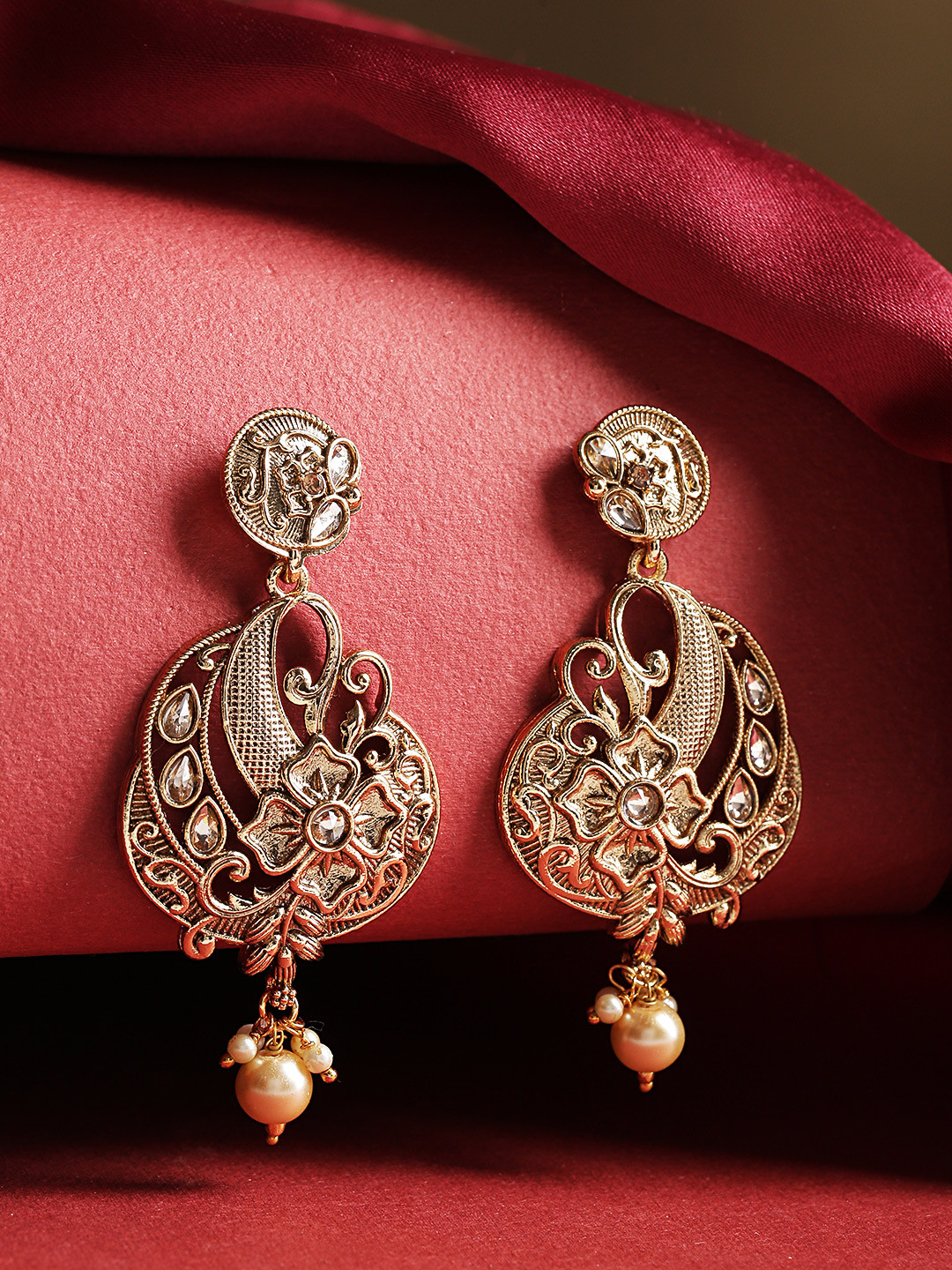 Jewels Galaxy Gold-Plated Stone-Studded & Beaded Textured Floral Drop Earrings