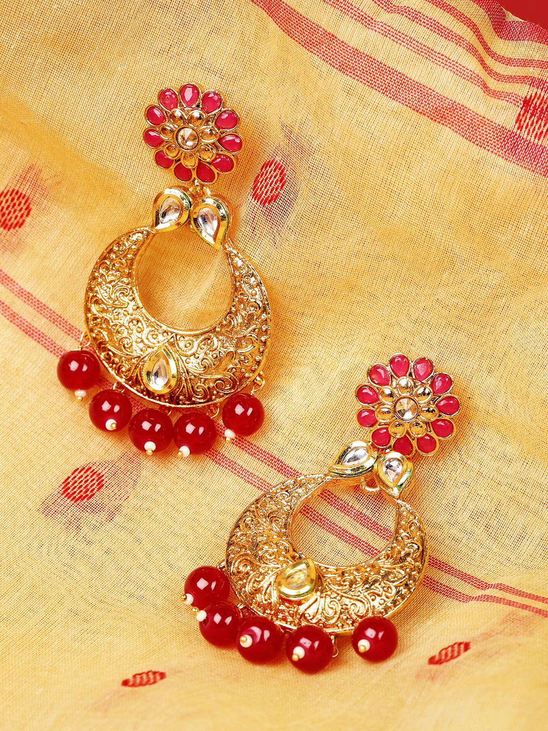 Jewels Galaxy Red Gold-Plated Stone-Studded Crescent-Shaped Chandbalis