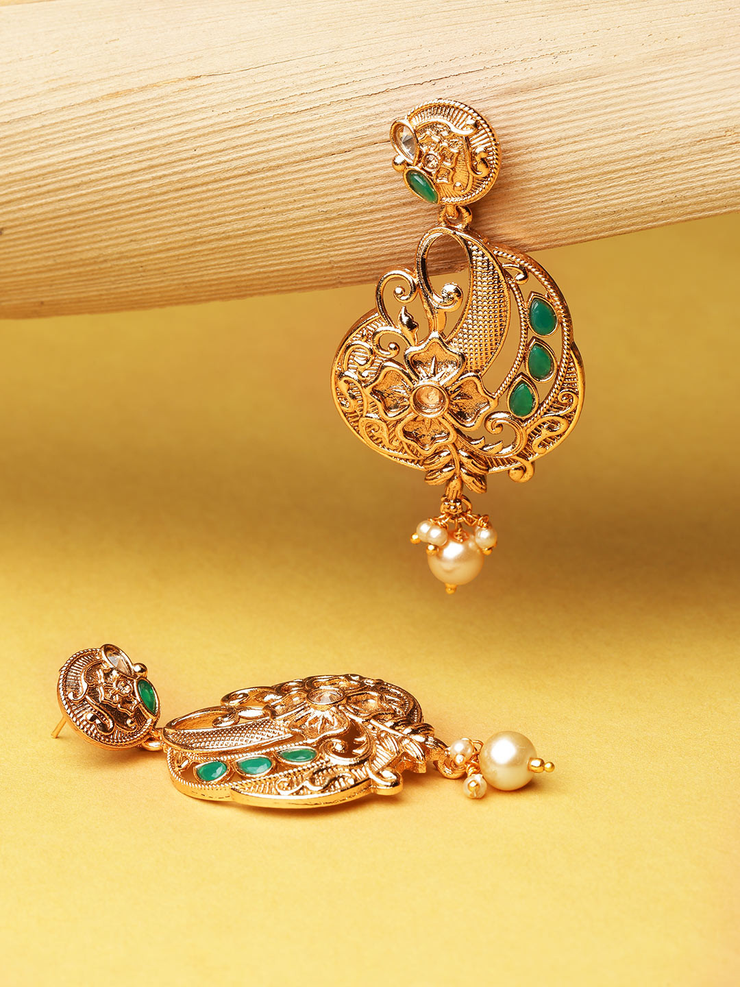 Jewels Galaxy Green Gold-Plated Stone-Studded & Beaded Textured Floral Drop Earrings