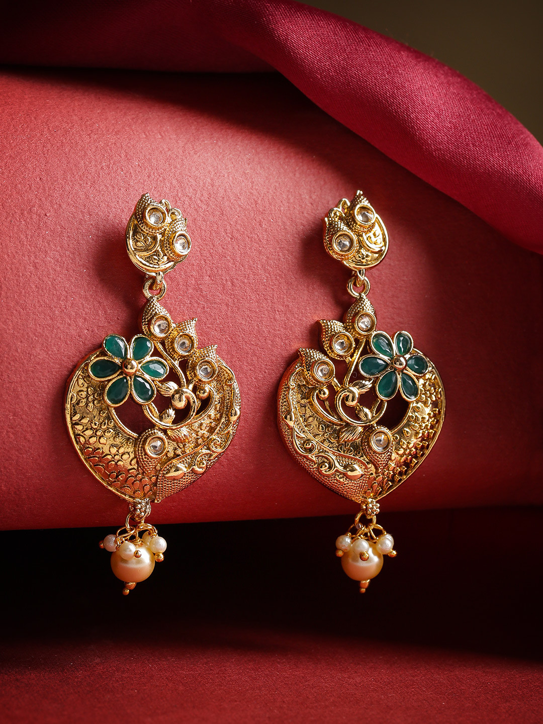 Jewels Galaxy Green Antique Gold-Plated Stone-Studded Classic Drop Earrings