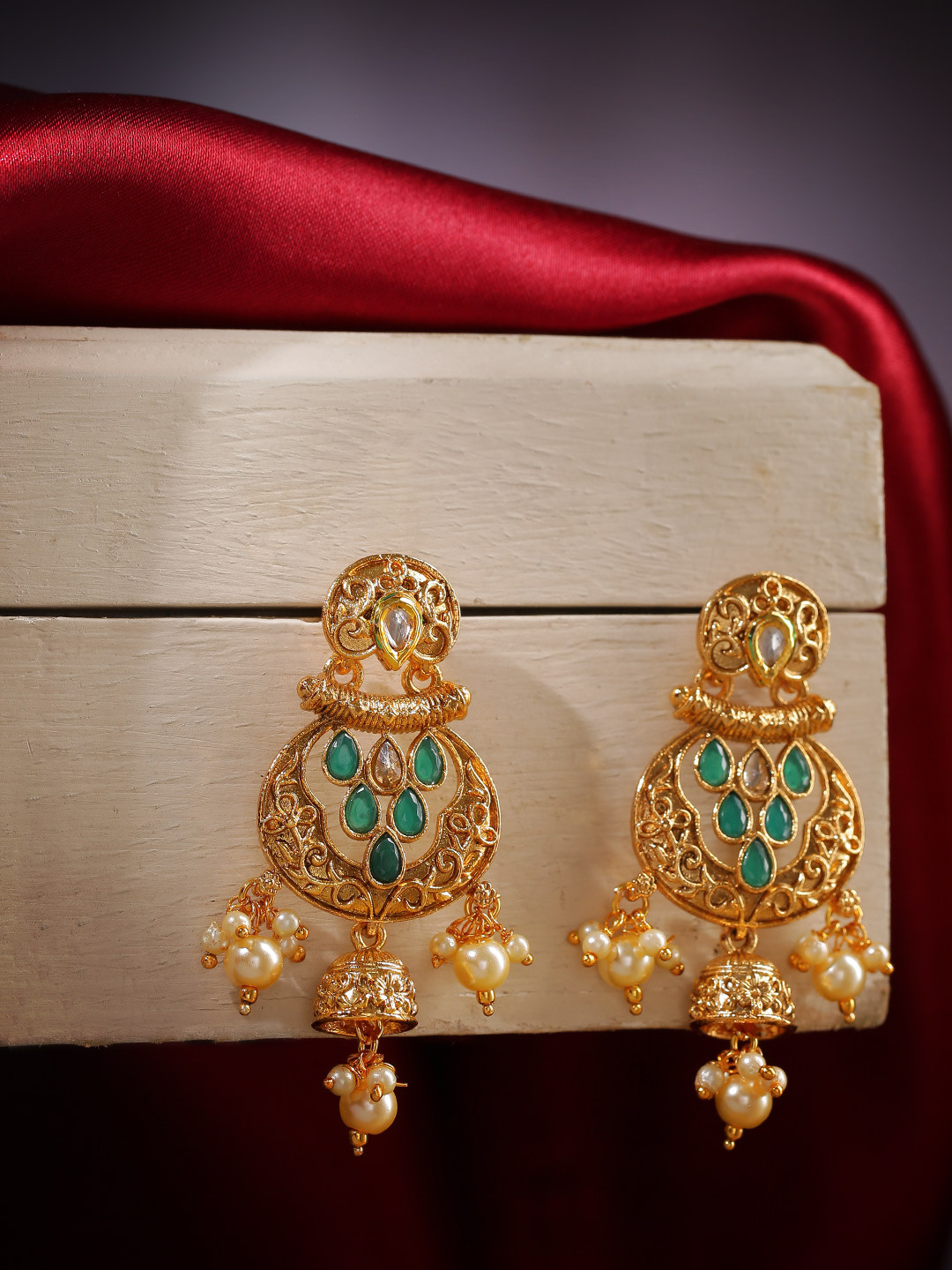 Jewels Galaxy Green Antique Gold-Plated Stone-Studded Textured Classic Drop Earrings