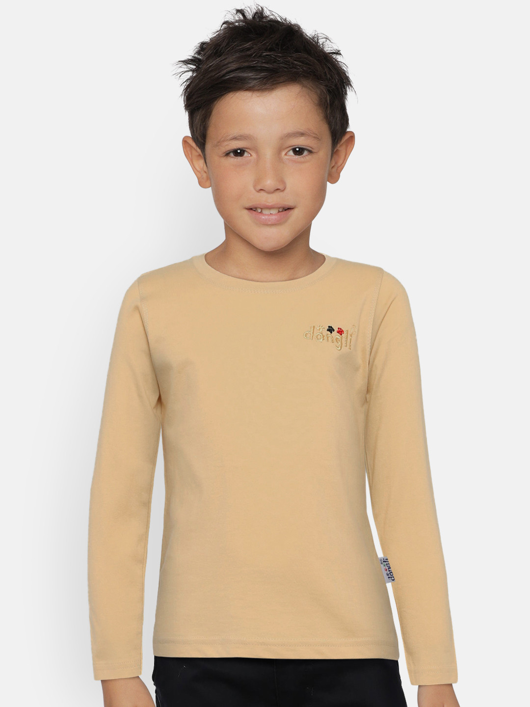 dongli Boys Beige Solid Round Neck T-shirt