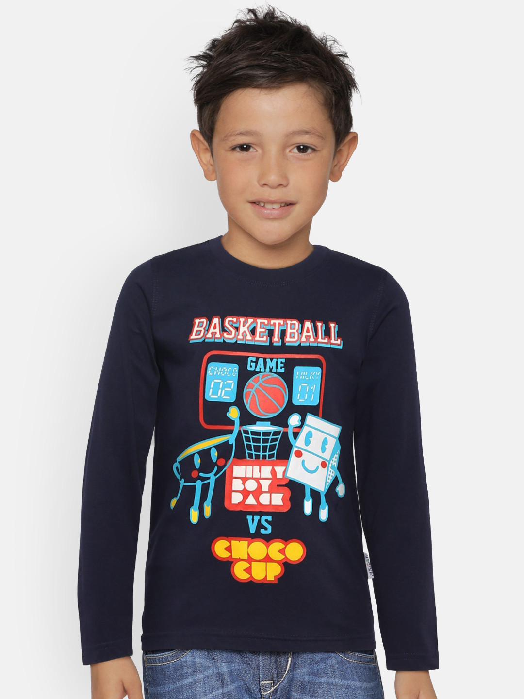 dongli Boys Navy Blue Printed Round Neck Pure Cotton T-shirt