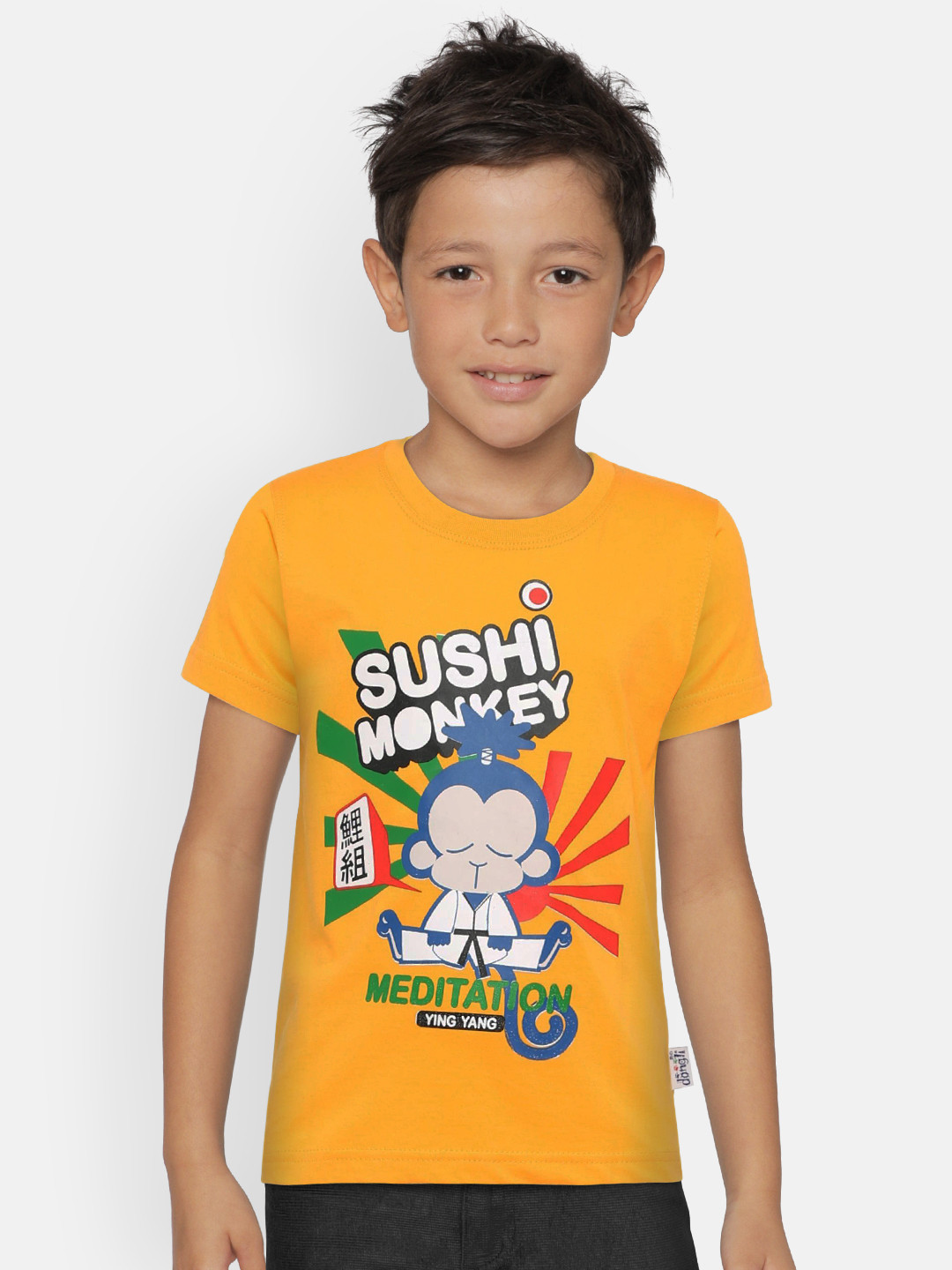 dongli Boys Yellow Printed Round Neck T-shirt