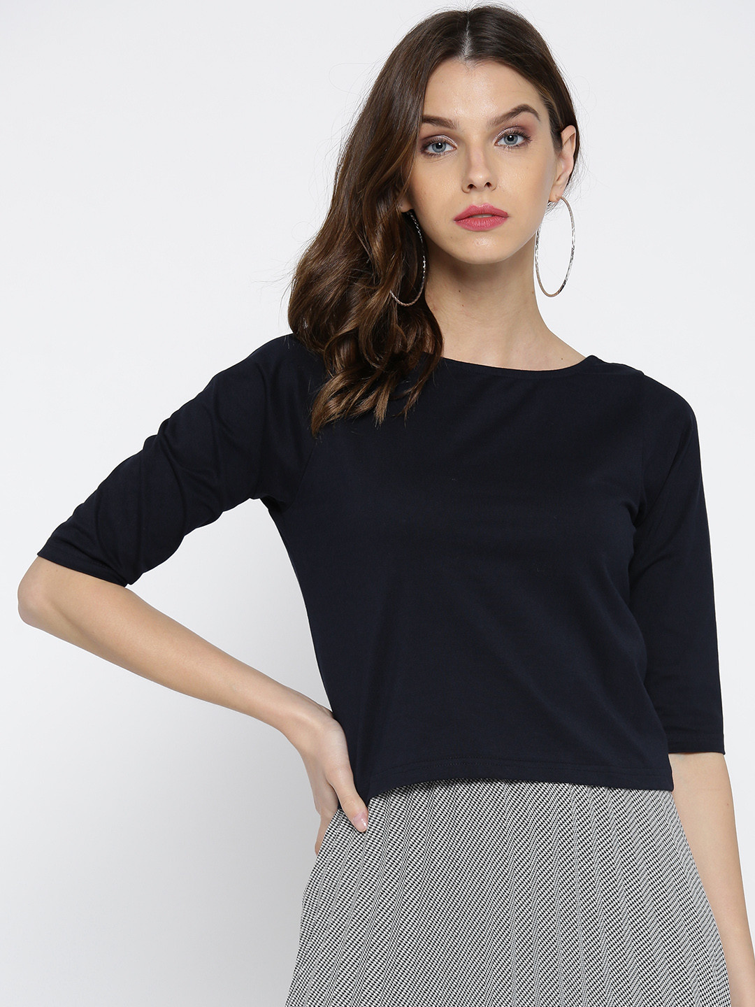 Miss Chase Navy Blue Solid Styled Back Top