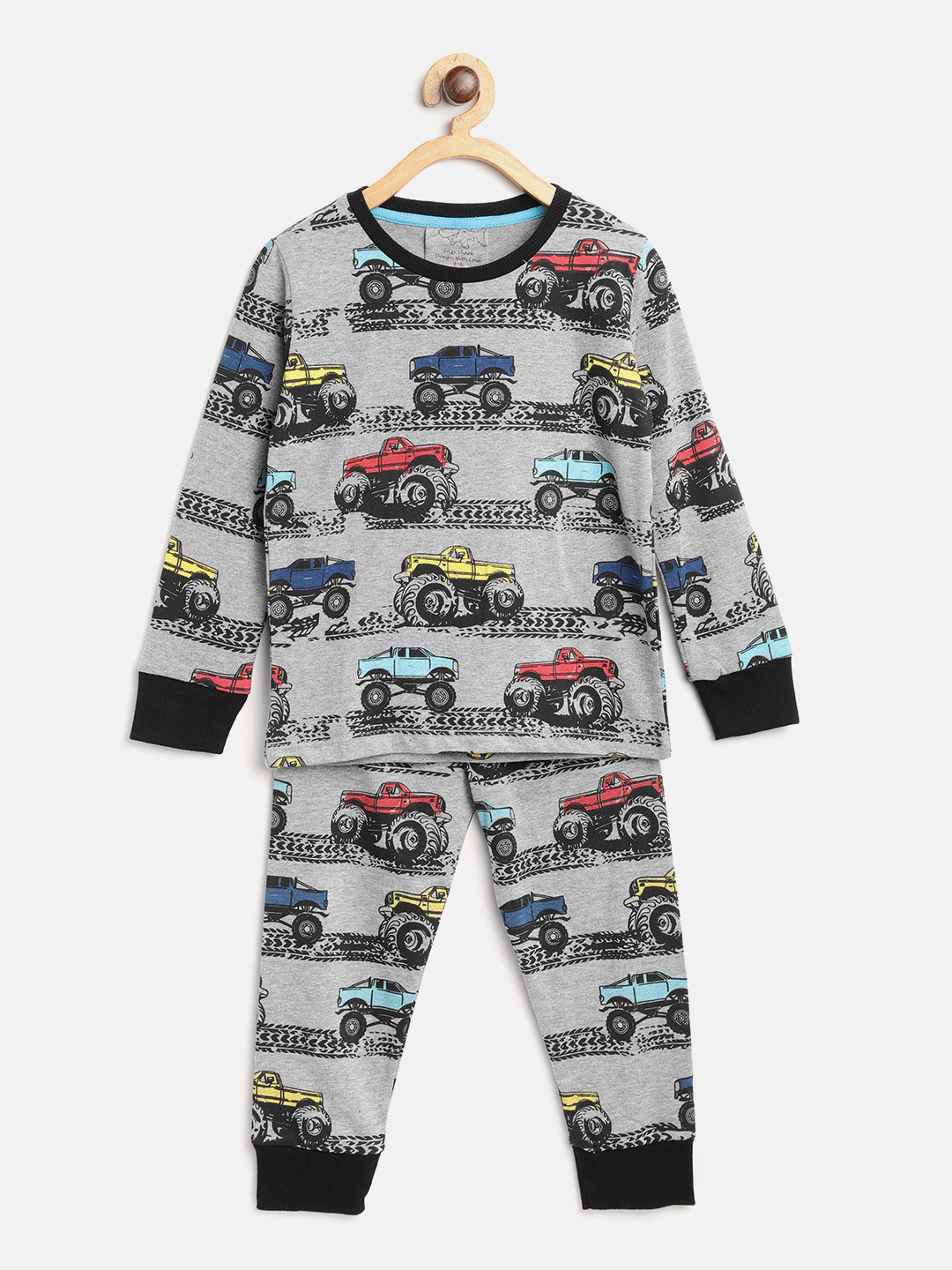 Lazy Shark Girls Grey Melange & Black Printed Night Suit LSTF0183-78