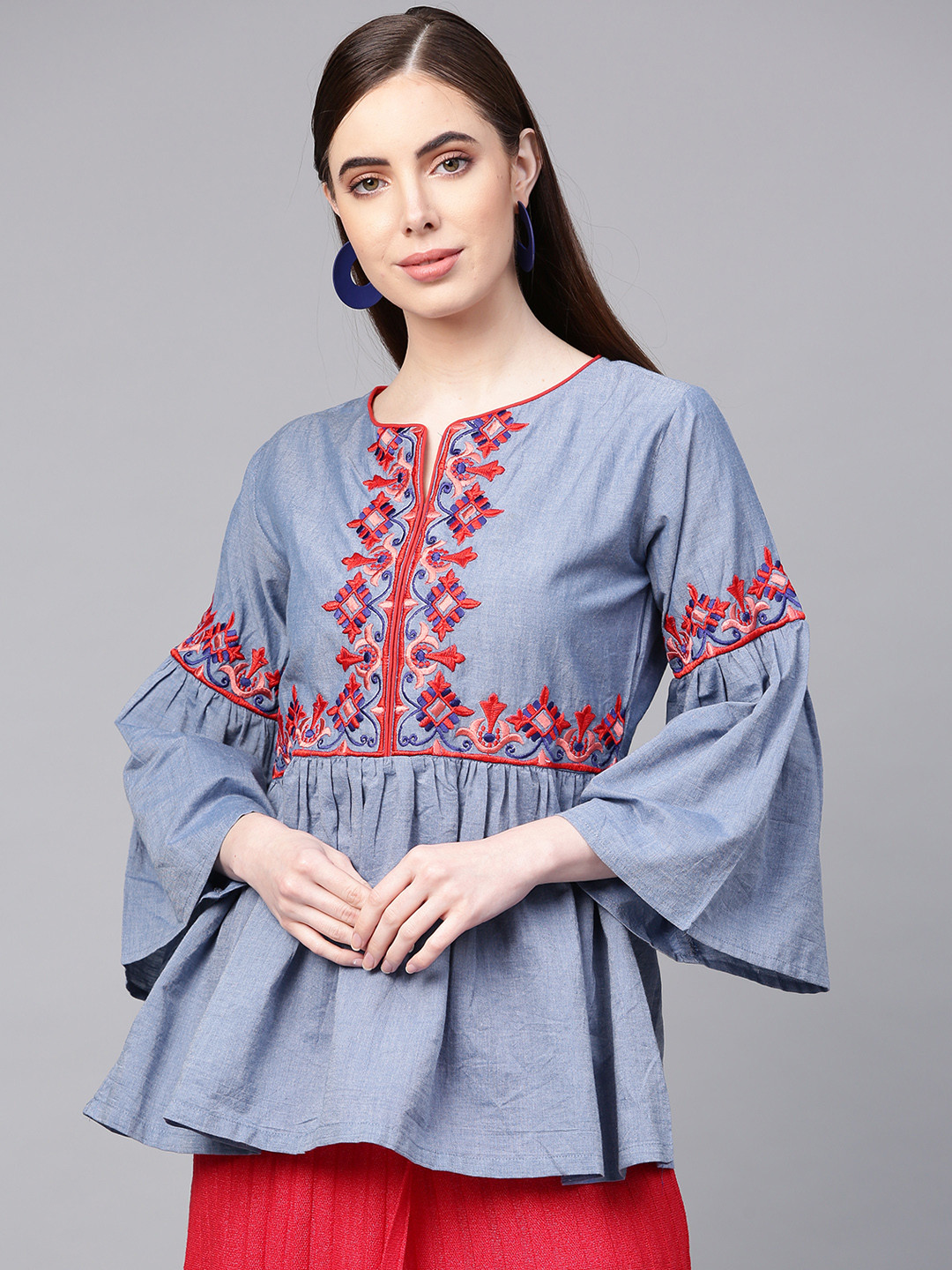 Bhama Couture Women Blue Embroidered A-Line Pure Cotton Top