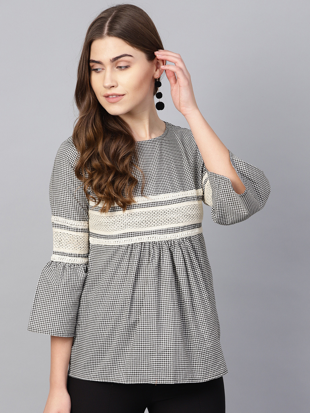 Bhama Couture Women Black & Off-White Checked Empire Pure Cotton Top