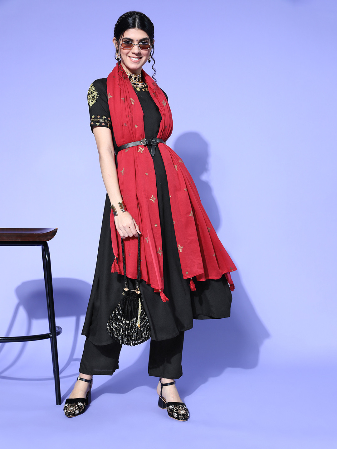 HERE&NOW Women Black & Red Embroidered Kurta Set