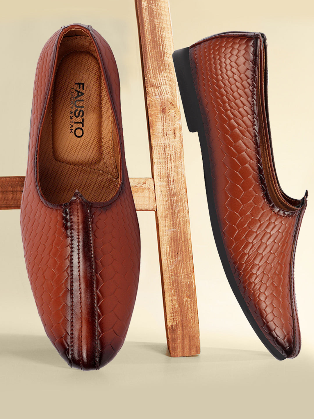 FAUSTO Men Tan Brown  Light Weight  Patent Leather Mojaris