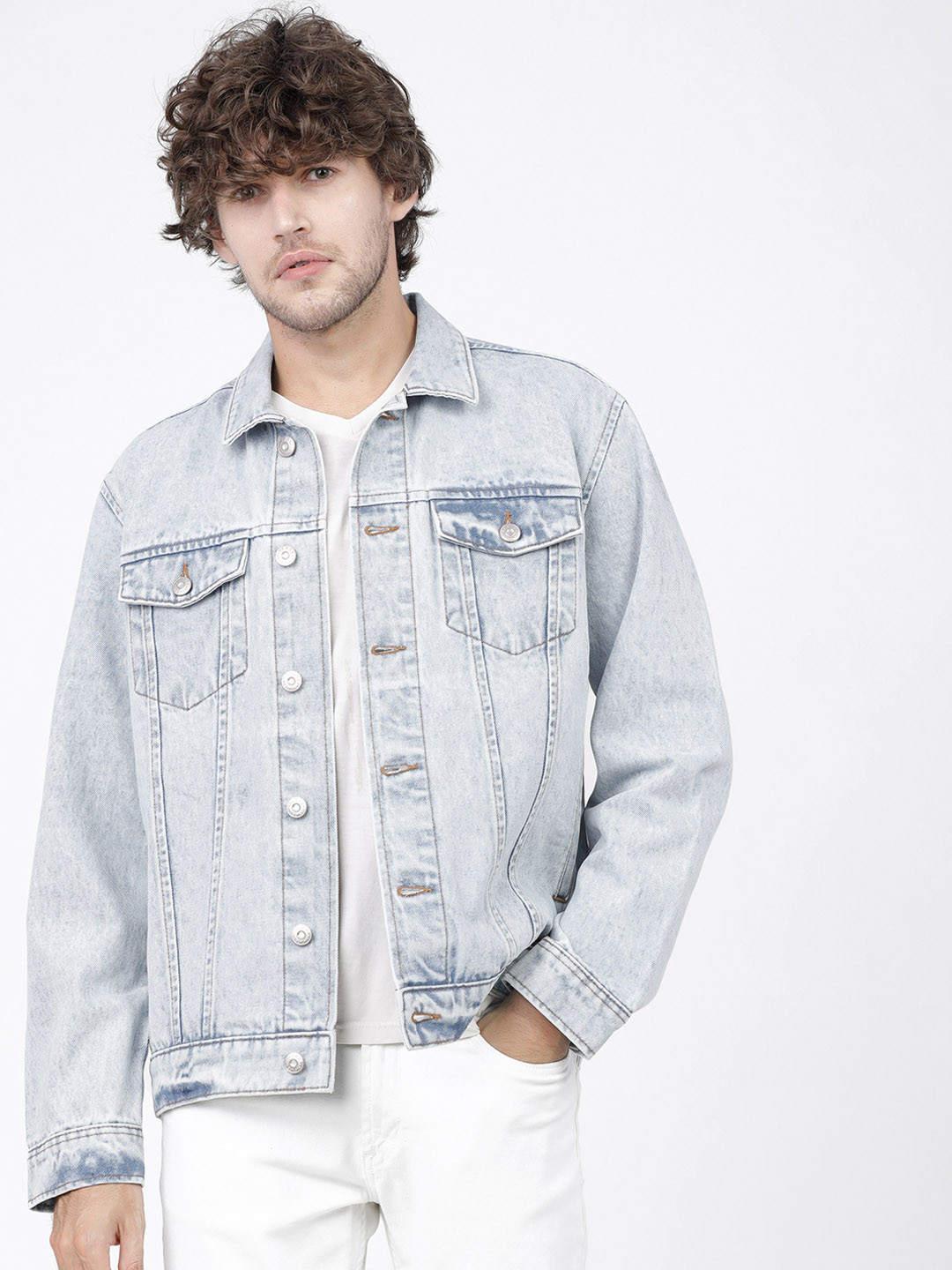 HIGHLANDER Men Blue SolidWashed Lightweight Denim Jacket