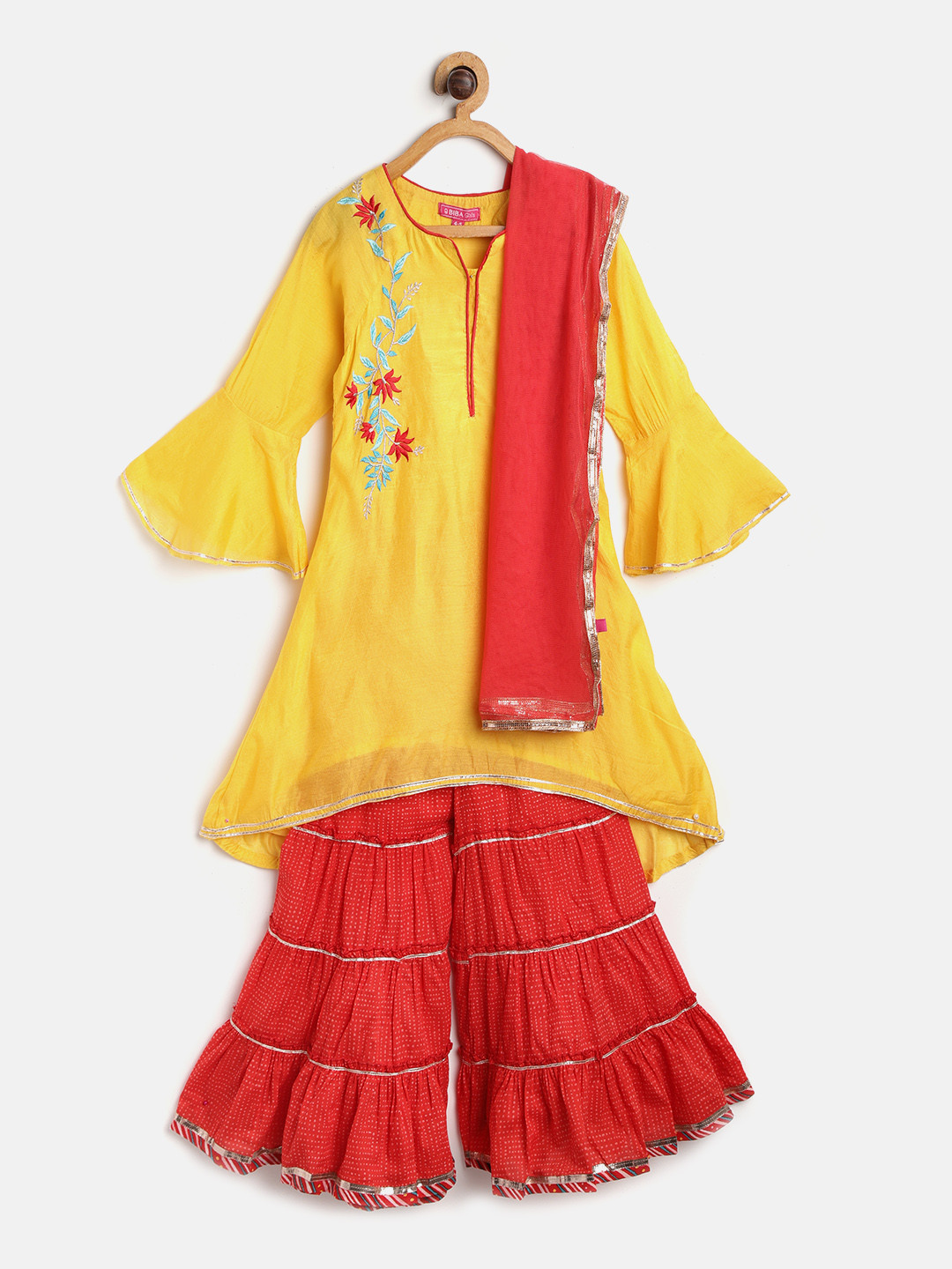 Biba Girls Mustard Yellow & Red Solid Kurta with Sharara & Dupatta