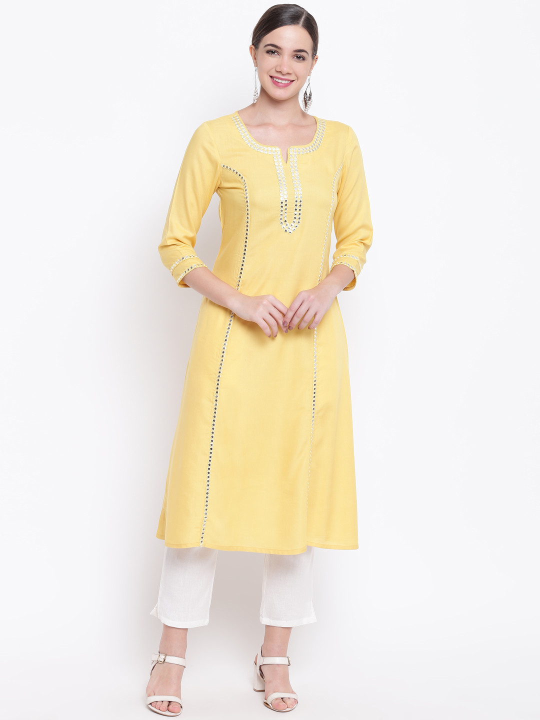 Be Indi Women Yellow Solid A-Line Kurta with Mirror Work