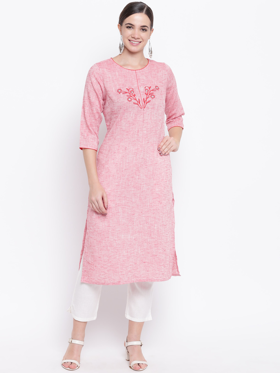 Be Indi Women Pink Woven Design Straight Kurta