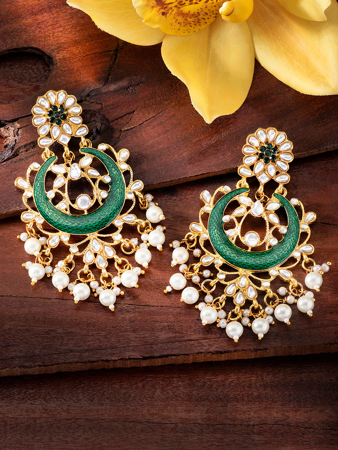 Peora 18K Gold-Plated and Green Meenakai Crescent Shaped Jhumkas