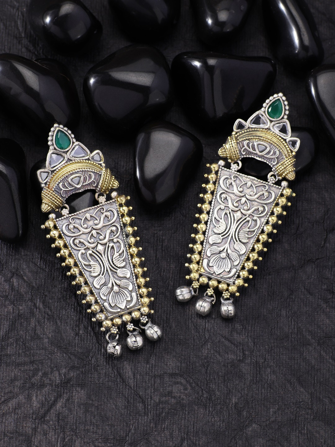 Peora Green & Silver-Toned Contemporary Drop Earrings