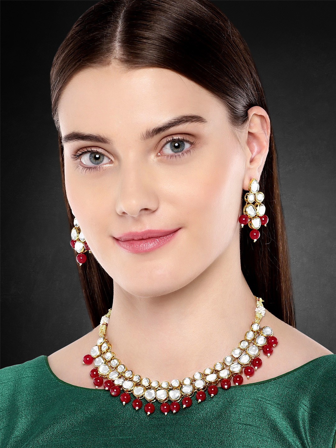 Peora 18k Gold-Plated & Red Kundan- Studded Jewellery Set