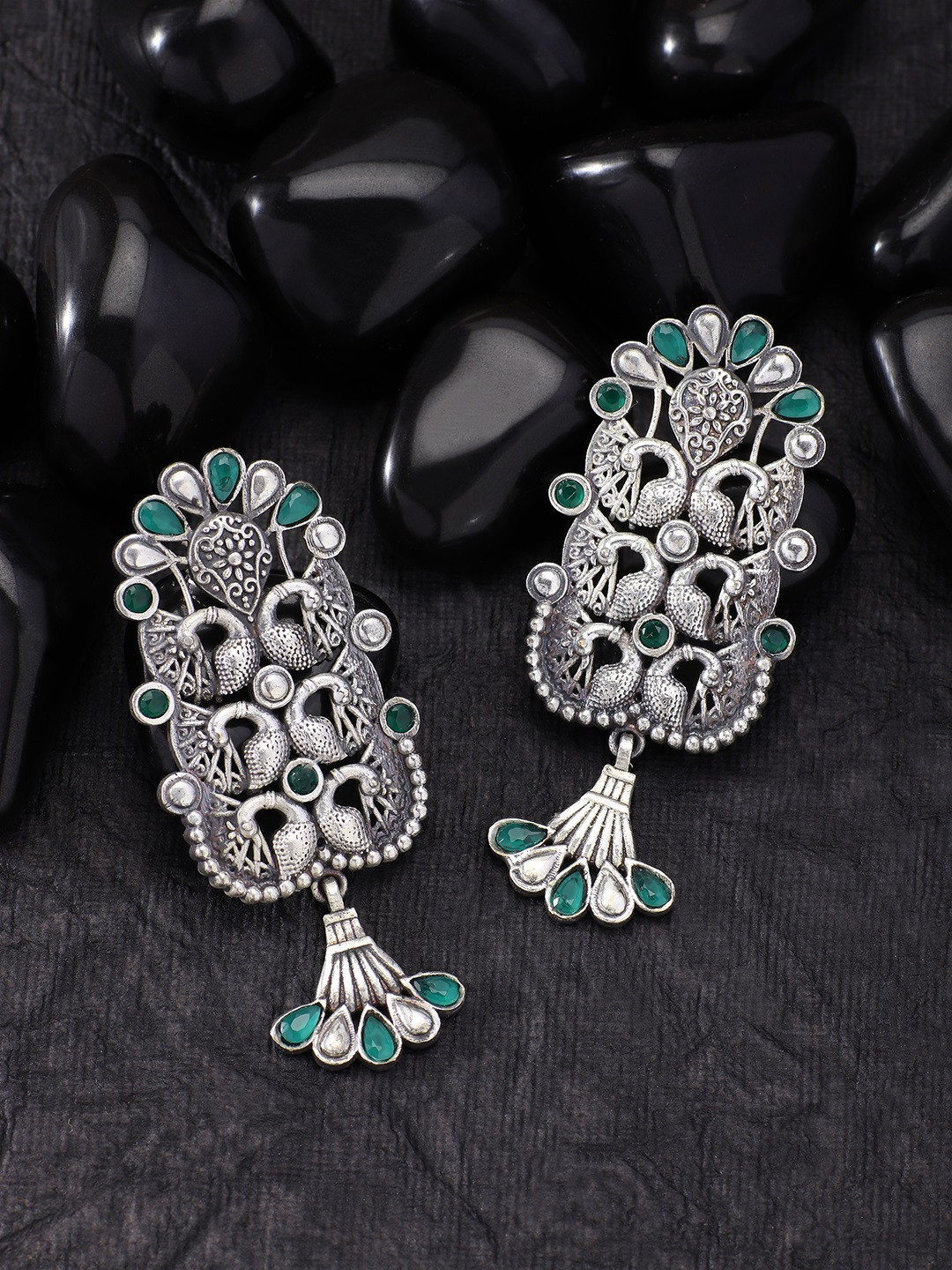 Peora Silver-Plated & Green Peacock Shaped Oxidised Drop Earrings