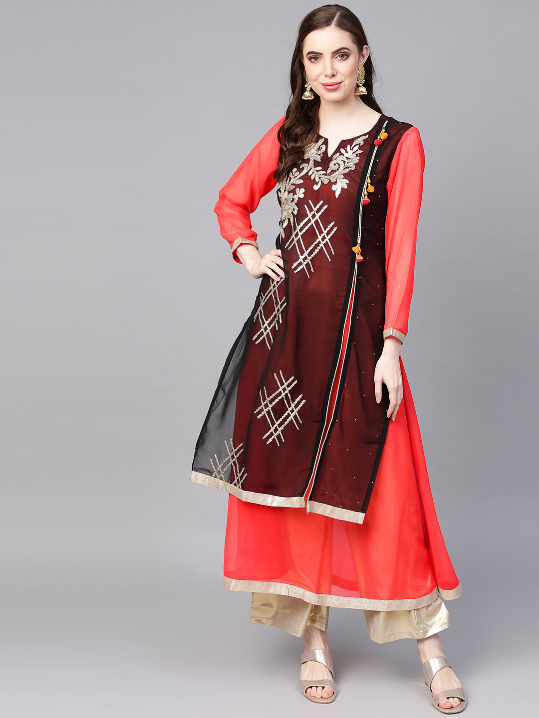 ZOEYAMS Women Red & Black Gotta Patti Detail Layered A-Line Kurta