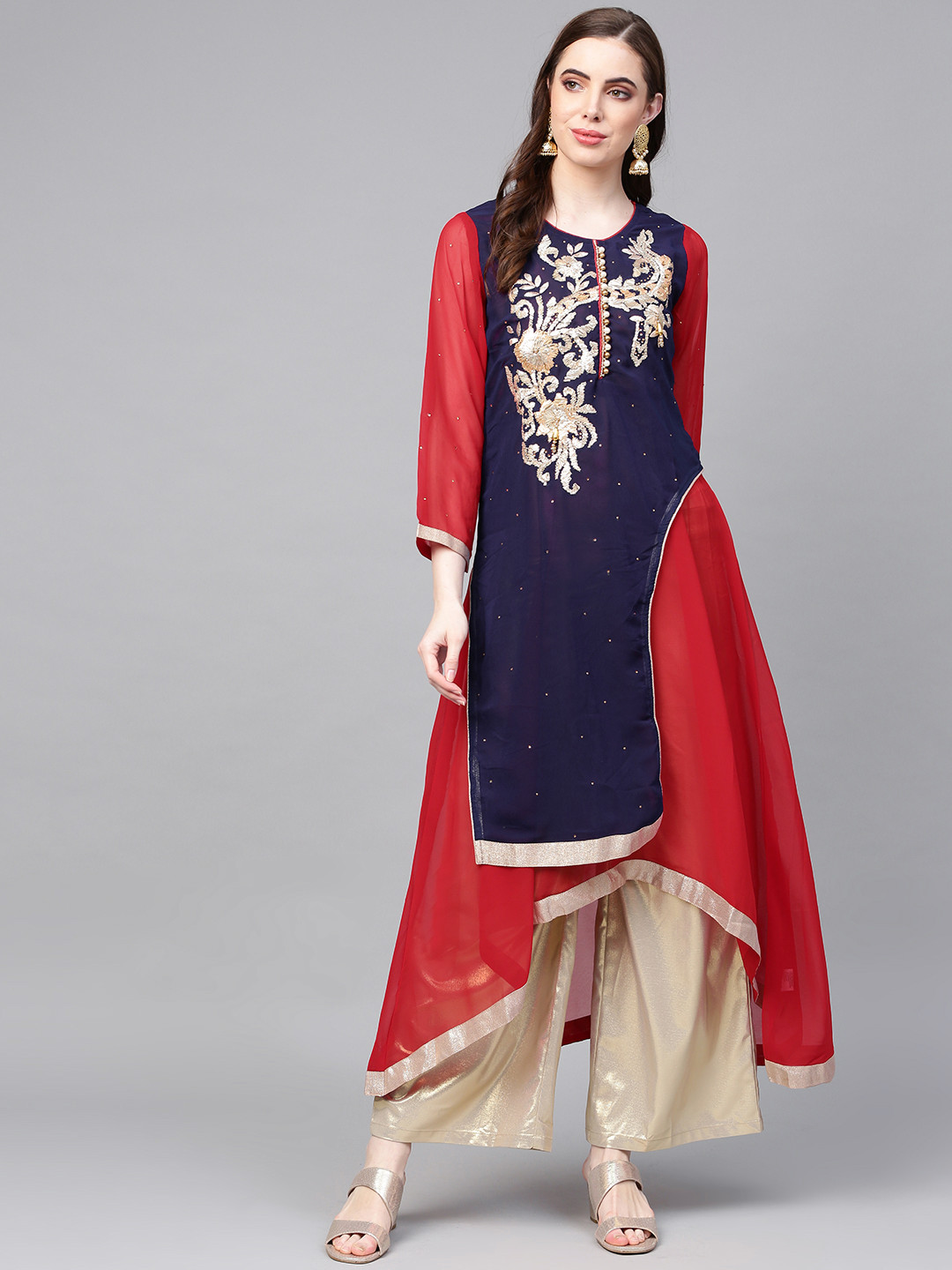 ZOEYAMS Women Navy Blue & Red Embellished Layered A-Line Kurta